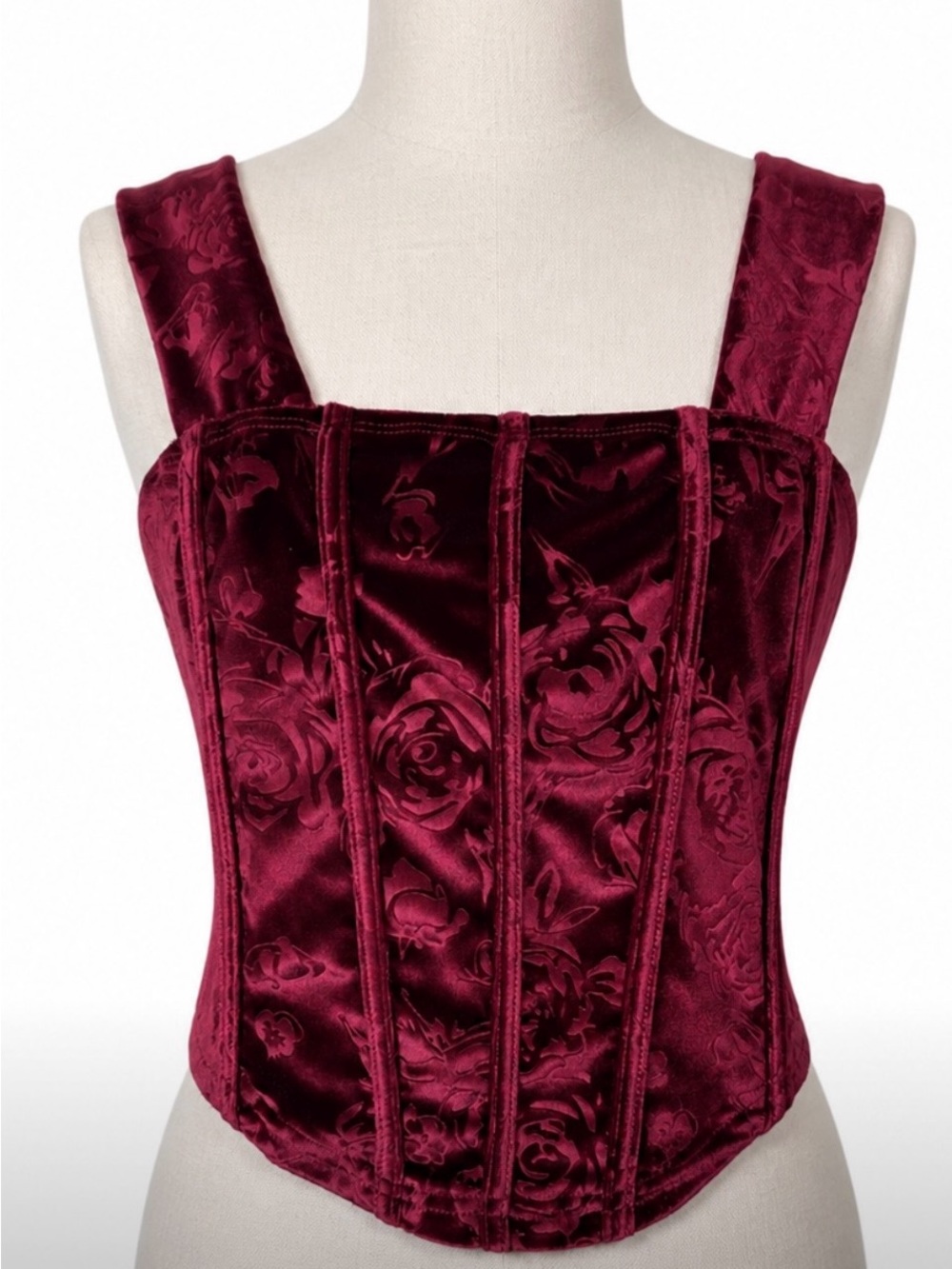 Burgundy Velvet Like Floral Corset Style Top Gothic Coquette Whimsigoth Top
